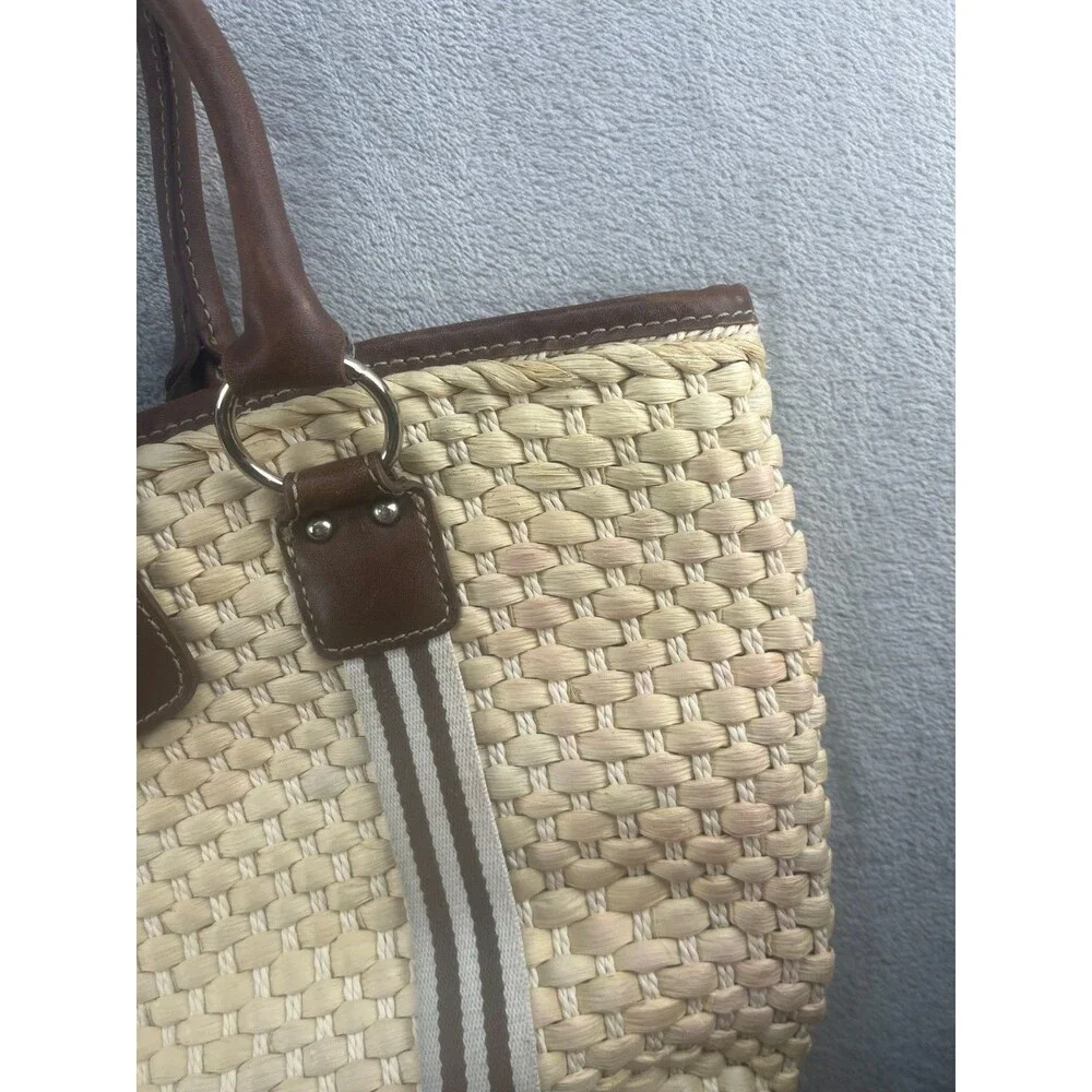 Chaps Large Tote Beige Woven Double Handles Brown Lined Turn Lock